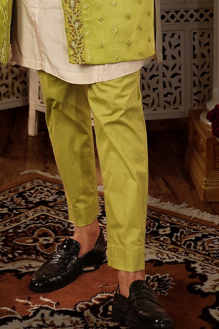 Pista Green Silk Motif Hand Embroidered Bundi Jacket by YAJY By Aditya Jain at Pernia's Pop Up Shop