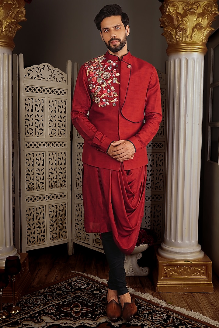 Cherry Red Silk Embroidered Bundi Jacket With Kurta Set by YAJY By Aditya Jain