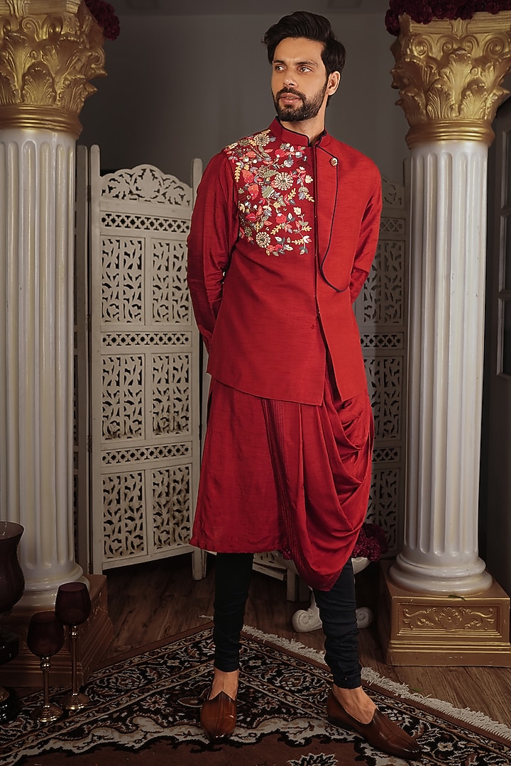 Cherry Red Silk Hand Embroidered Bundi Jacket Set by YAJY By Aditya Jain at Pernia's Pop Up Shop