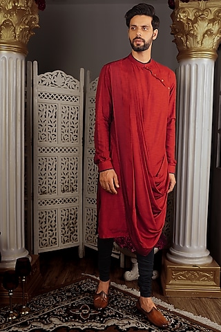 Cherry Red Silk Kurta Set by YAJY By Aditya Jain