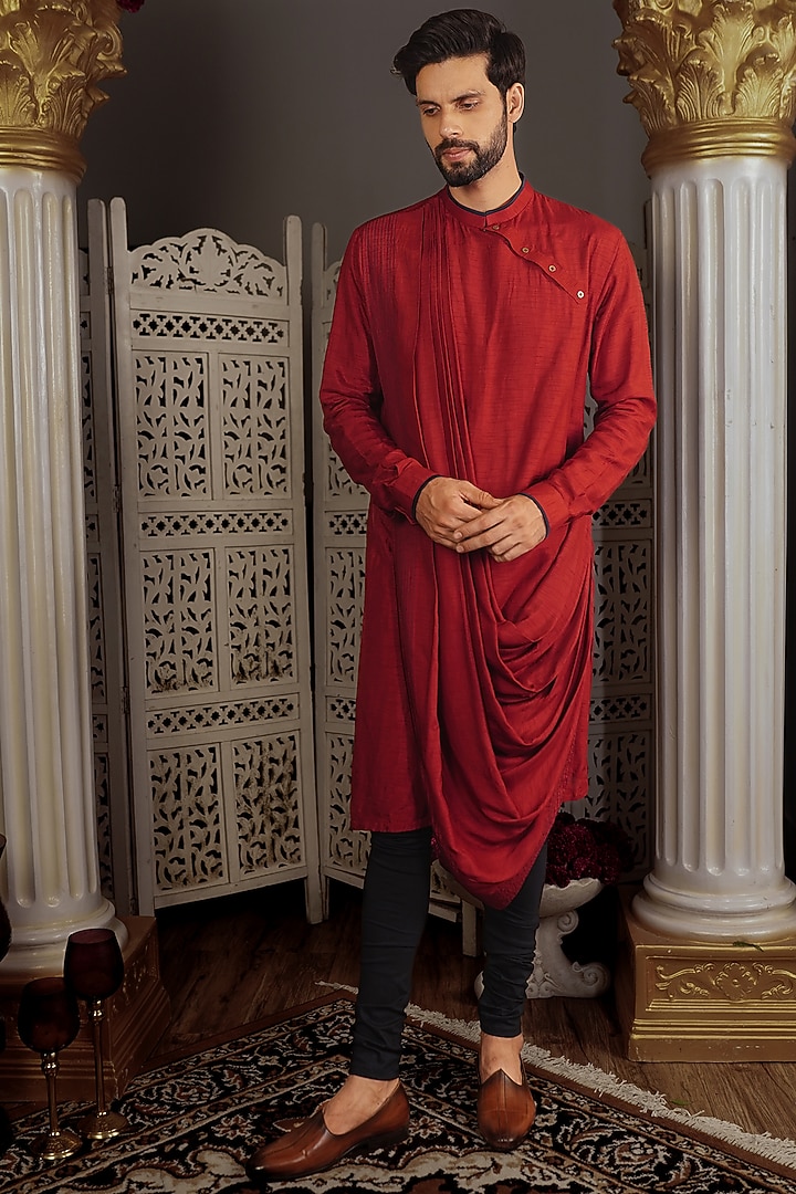 Cherry Red Silk Kurta Set by YAJY By Aditya Jain at Pernia's Pop Up Shop