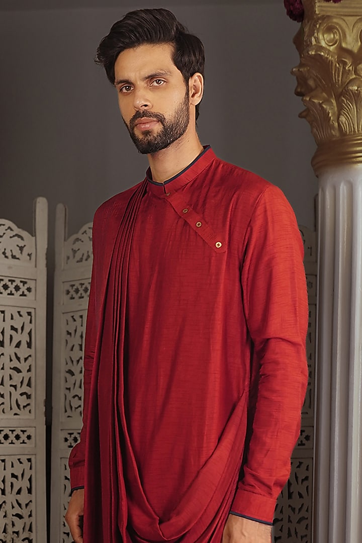 Cherry Red Silk Kurta Set by YAJY By Aditya Jain at Pernia's Pop Up Shop