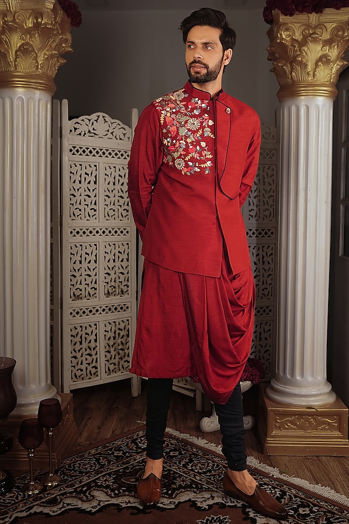 Cherry Red Embroidered Bundi Jacket by YAJY By Aditya Jain