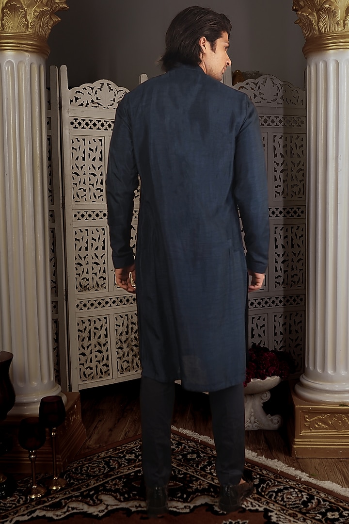 Midnight Blue Silk Kurta Set by YAJY By Aditya Jain at Pernia's Pop Up Shop