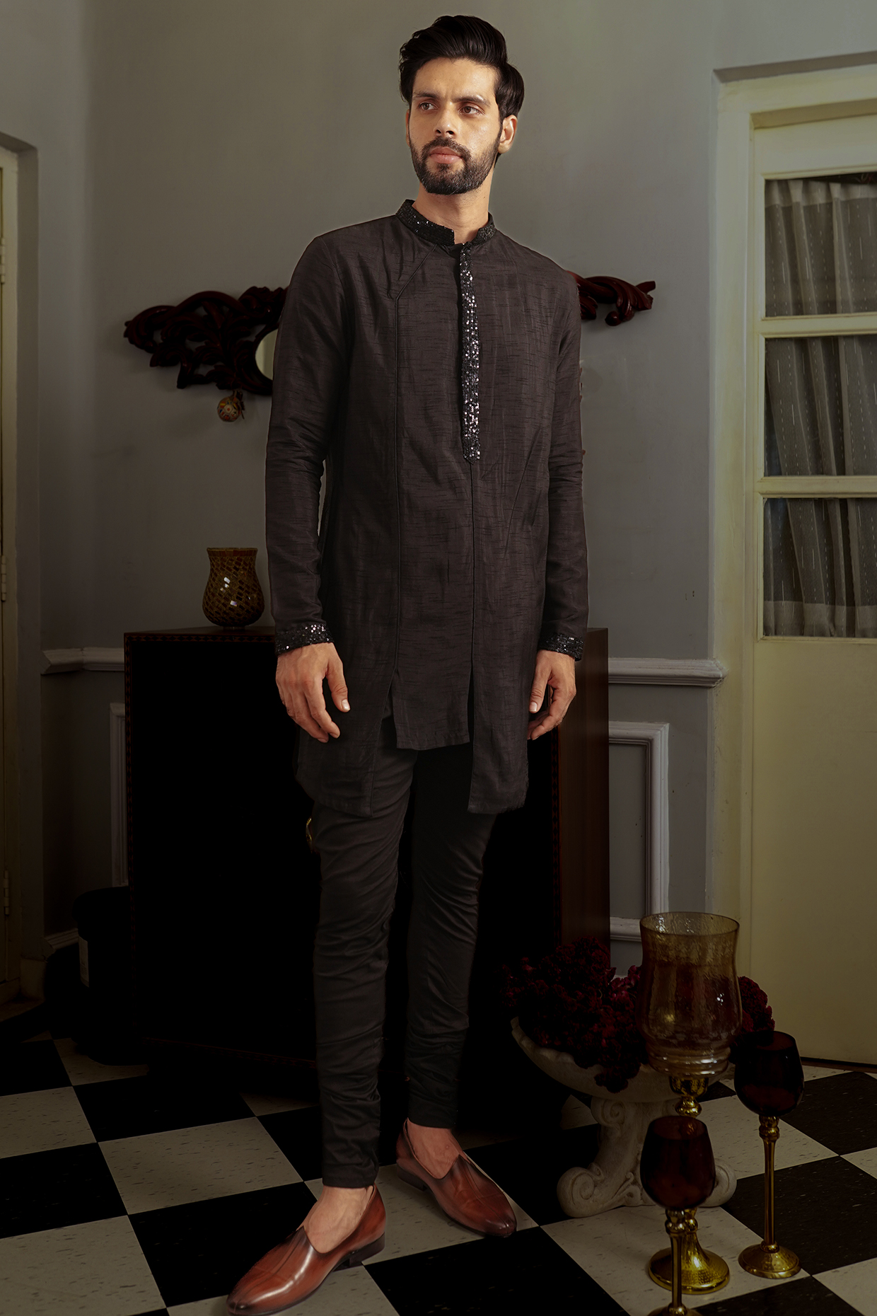 Black Silk Kurta Set by YAJY By Aditya Jain at Pernia's Pop Up Shop