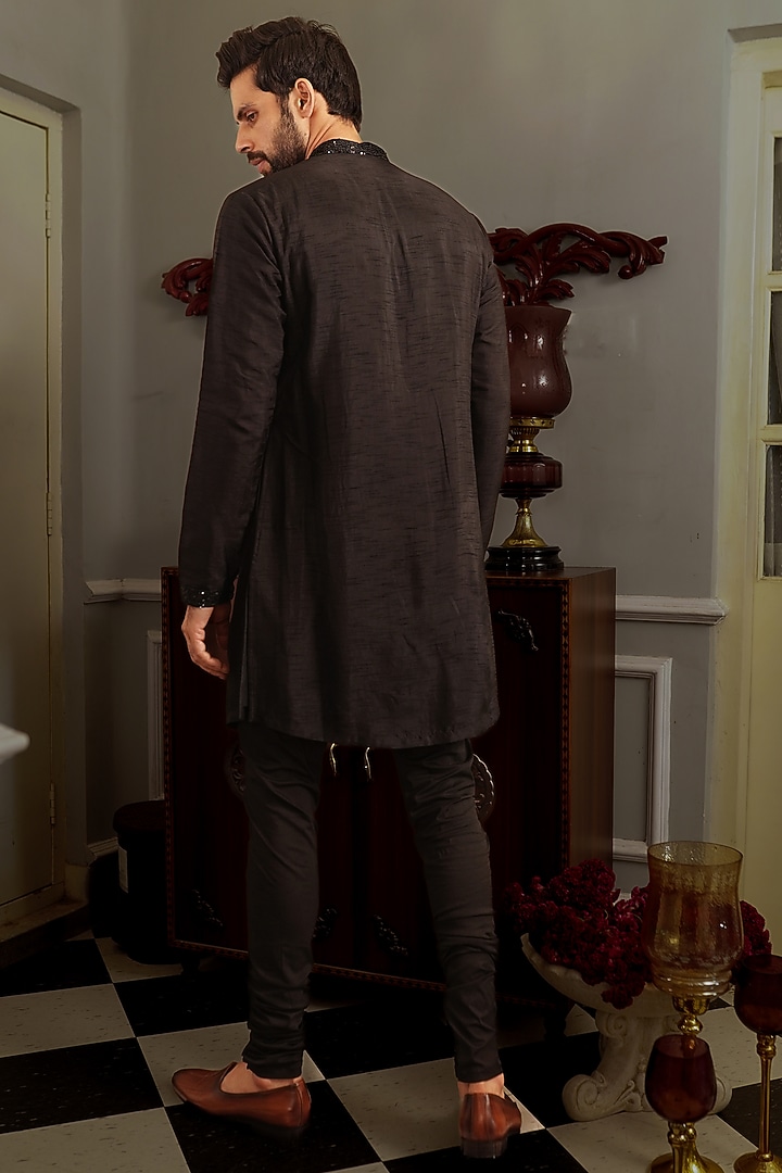 Black Silk Kurta Set by YAJY By Aditya Jain at Pernia's Pop Up Shop