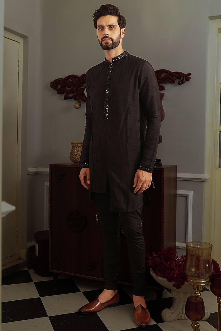 Black Silk Kurta Set by YAJY By Aditya Jain at Pernia's Pop Up Shop