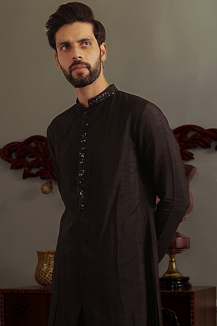 Black Silk Kurta Set by YAJY By Aditya Jain at Pernia's Pop Up Shop