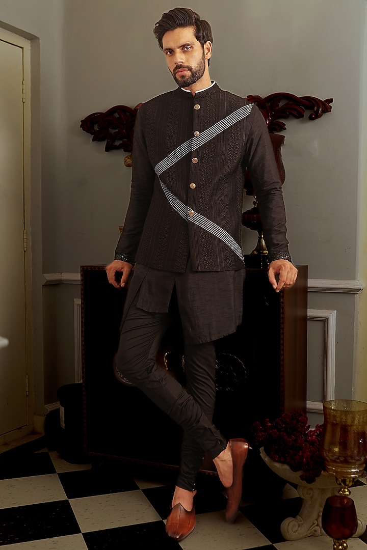 Black Silk Bundi Jacket Set by YAJY By Aditya Jain at Pernia's Pop Up Shop