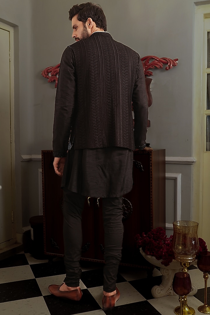 Black Silk Bundi Jacket Set by YAJY By Aditya Jain at Pernia's Pop Up Shop