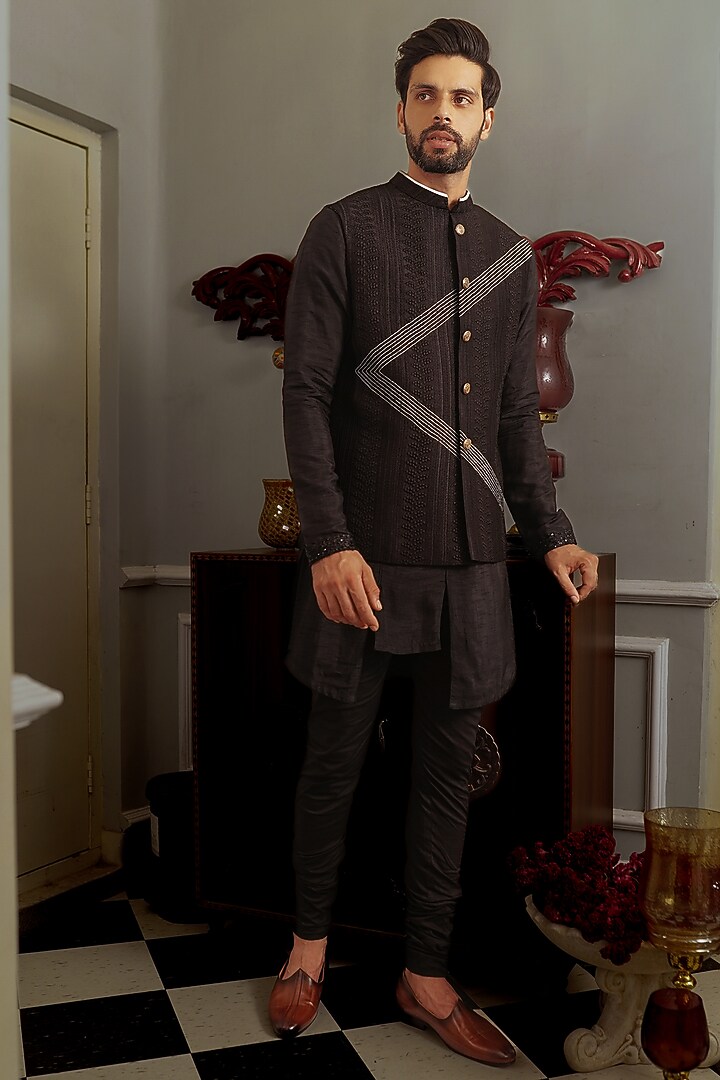 Black Silk Bundi Jacket Set by YAJY By Aditya Jain at Pernia's Pop Up Shop