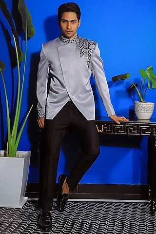 Dove Grey Suede Bandhgala Set by YAJY By Aditya Jain