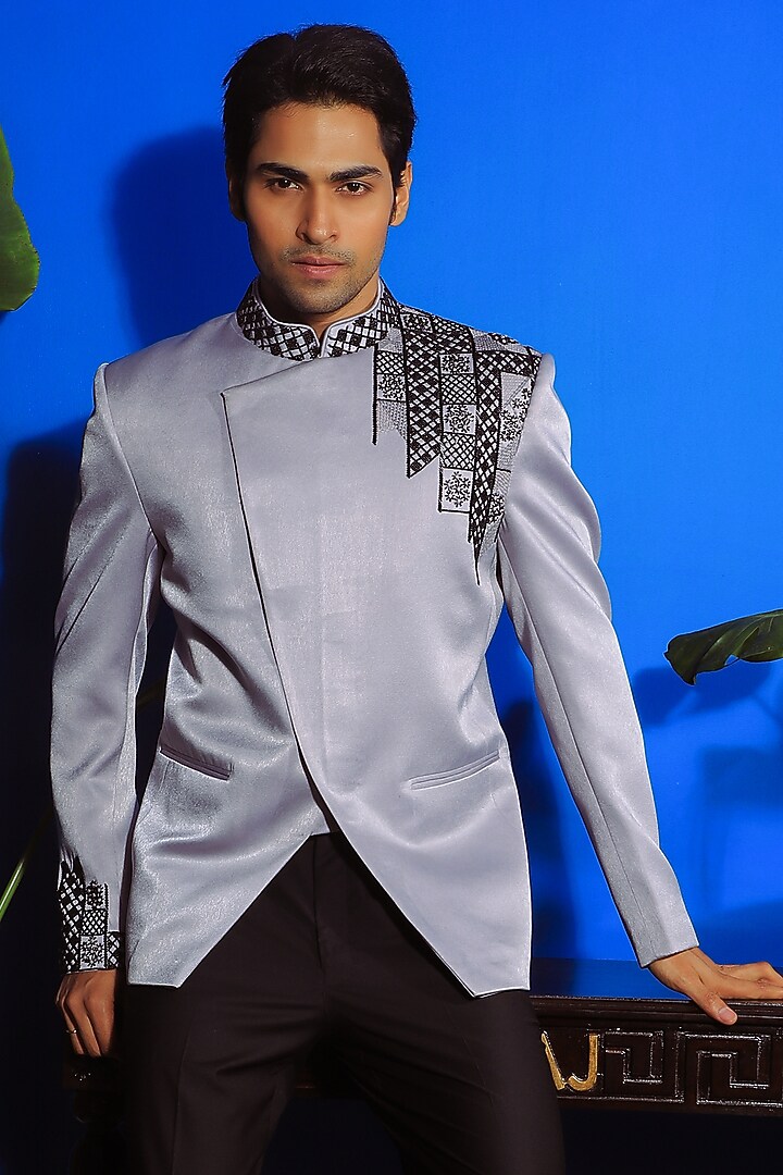 Dove Grey Suede Wedding Bandhgala Set by YAJY By Aditya Jain at Pernia's Pop Up Shop