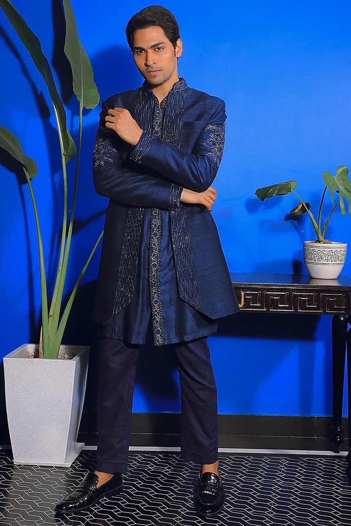 Oxford Blue Silk & Stretch Cotton Indowestern Jacket Set by YAJY By Aditya Jain