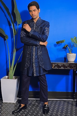 Oxford Blue Silk & Stretch Cotton Indowestern Jacket Set by YAJY By Aditya Jain