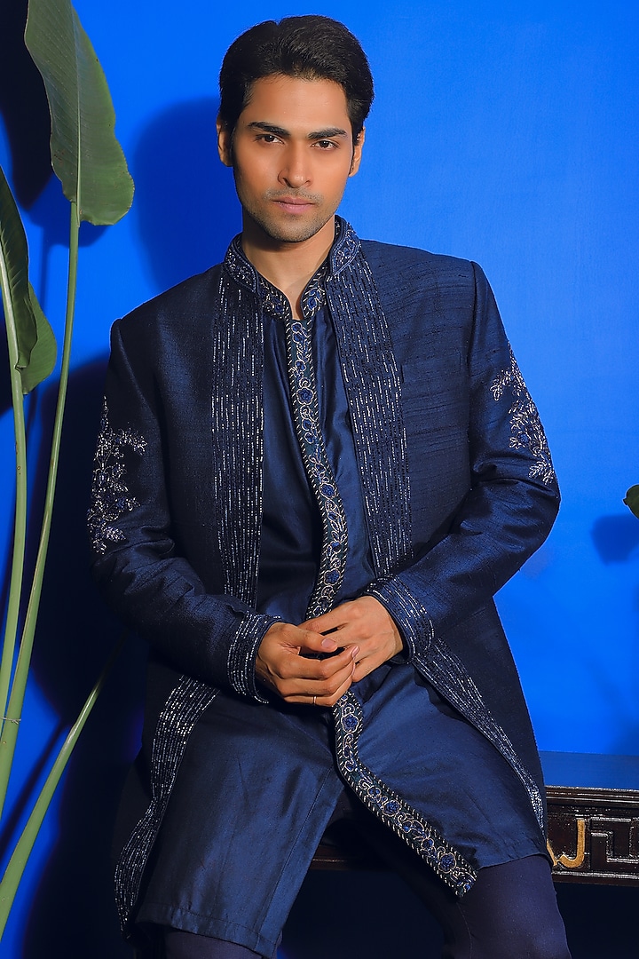 Oxford Blue Silk & Stretch Cotton Wedding Indowestern Jacket Set by YAJY By Aditya Jain at Pernia's Pop Up Shop