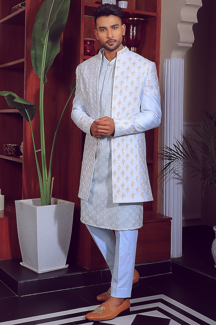 Powder Blue Silk & Stretch Cotton Indowestern Jacket Set by YAJY By Aditya Jain