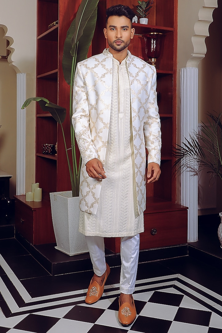 Off-White Silk & Banarasi Indowestern Jacket Set by YAJY By Aditya Jain