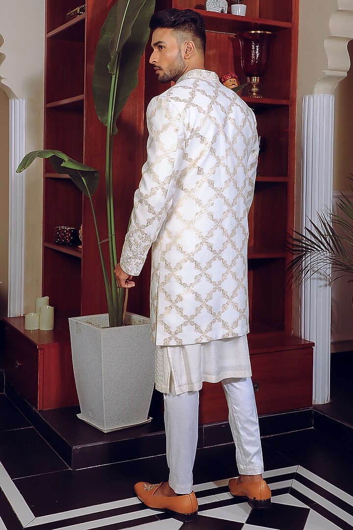 Off-White Silk & Banarasi Wedding Indowestern Jacket Set by YAJY By Aditya Jain at Pernia's Pop Up Shop
