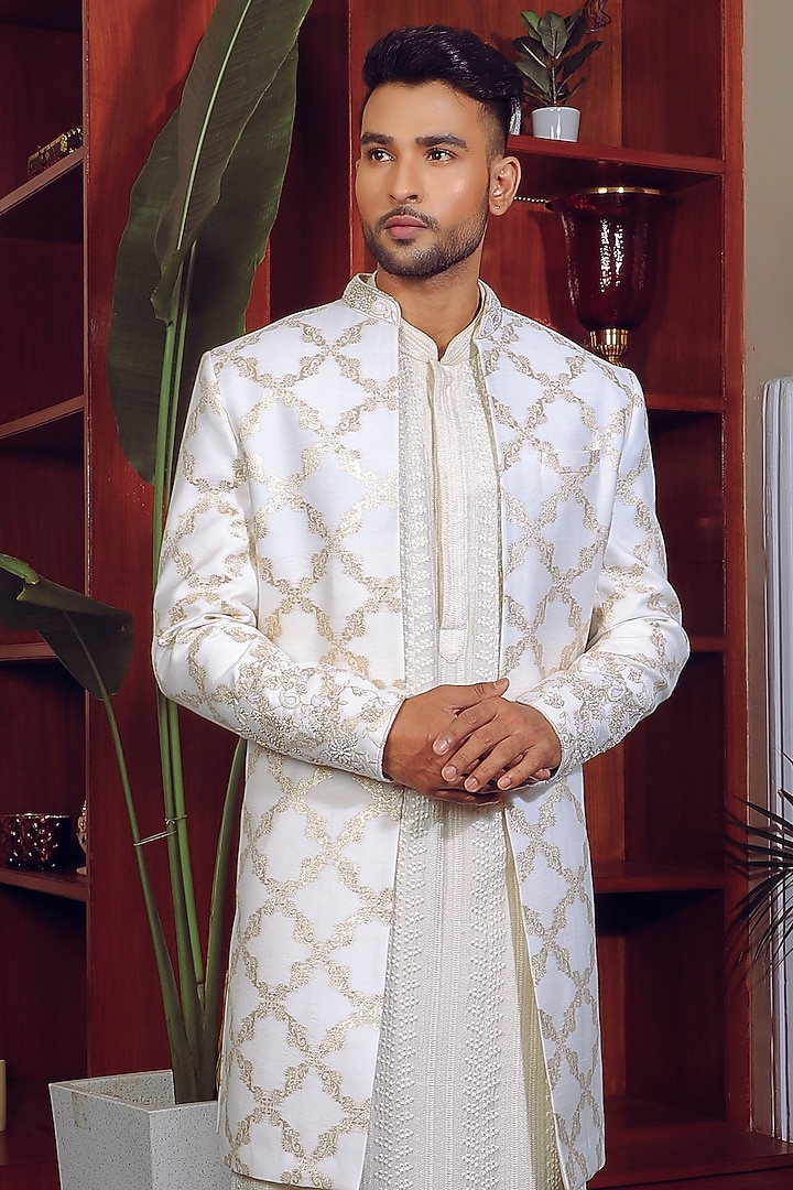 Off-White Silk & Banarasi Wedding Indowestern Jacket Set by YAJY By Aditya Jain at Pernia's Pop Up Shop