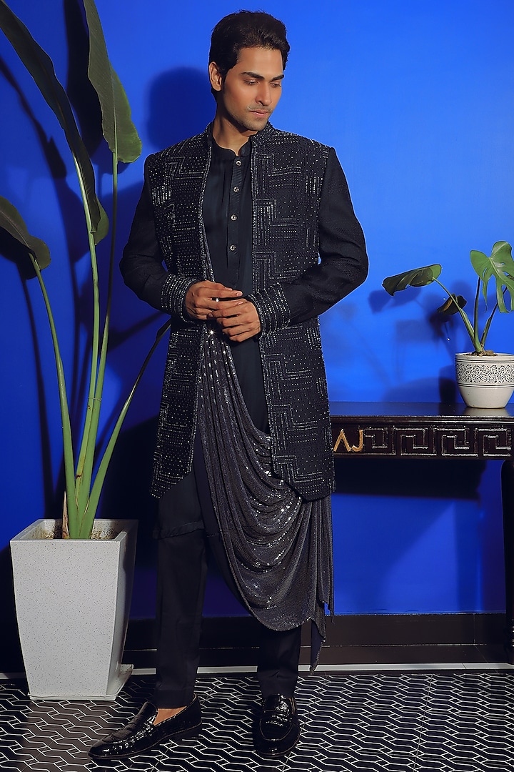 Prussian Blue Raw Silk Indowestern Jacket Set by YAJY By Aditya Jain