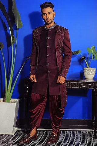 Jamuni Silk & Suede Mocklayer Indowestern Set by YAJY By Aditya Jain