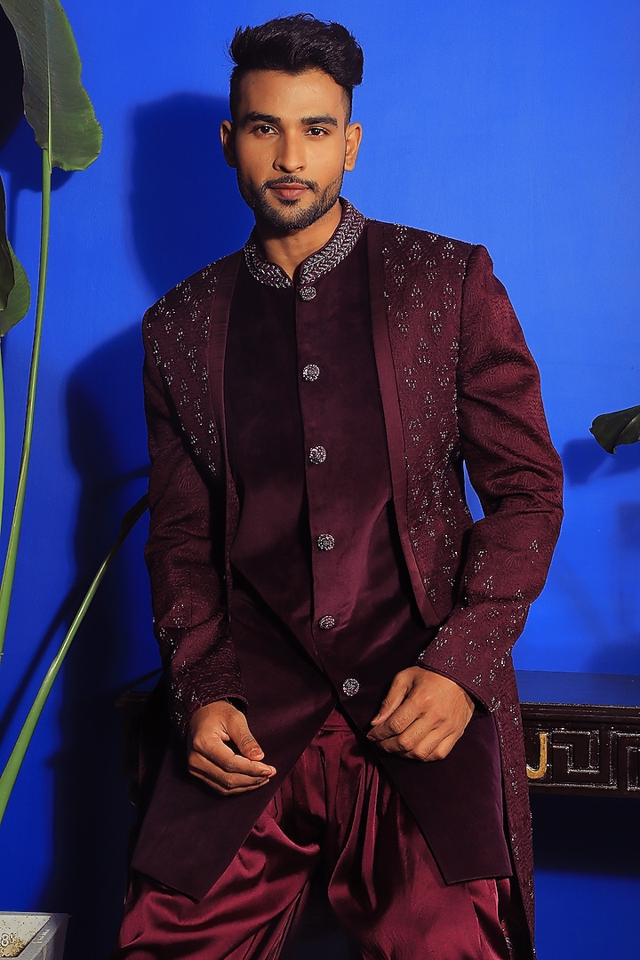 Jamuni Silk & Suede Mocklayer Wedding Indowestern Set by YAJY By Aditya Jain at Pernia's Pop Up Shop