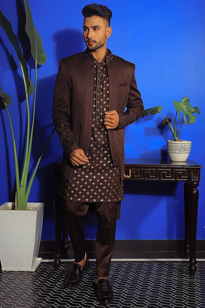 Brown Silk & Stretch Cotton Indowestern Jacket Set by YAJY By Aditya Jain