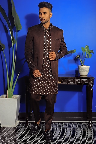 Brown Silk & Stretch Cotton Indowestern Jacket Set by YAJY By Aditya Jain