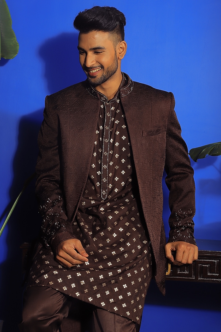 Brown Silk & Stretch Cotton Wedding Indowestern Jacket Set by YAJY By Aditya Jain at Pernia's Pop Up Shop