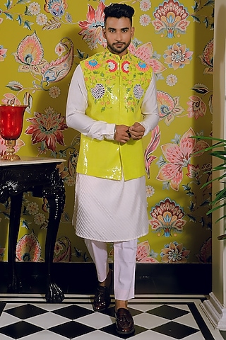 Lemon Yellow Silk & Stretch Cotton Nehru Jacket Set by YAJY By Aditya Jain