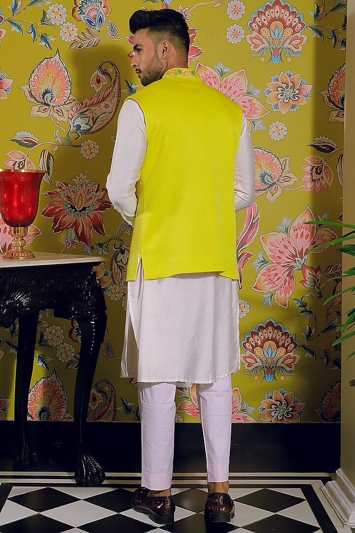 Lemon Yellow Silk & Stretch Cotton Nehru Jacket Set by YAJY By Aditya Jain at Pernia's Pop Up Shop