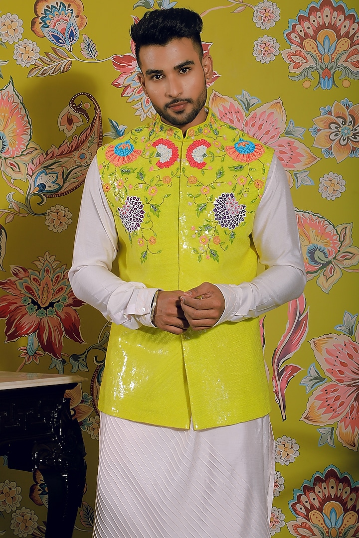 Lemon Yellow Silk & Stretch Cotton Nehru Jacket Set by YAJY By Aditya Jain at Pernia's Pop Up Shop