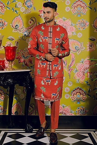 Rustic Red Silk & Stretch Cotton Nehru Jacket Set by YAJY By Aditya Jain