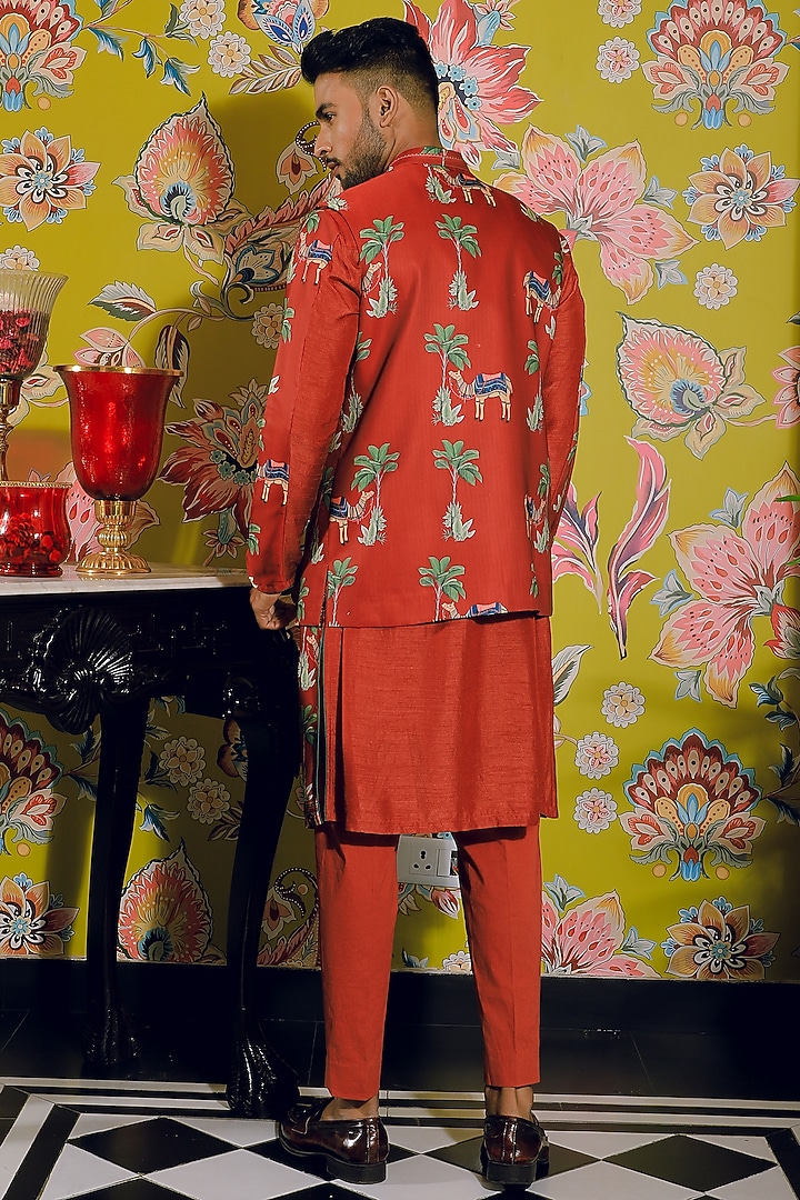 Rustic Red Silk & Stretch Cotton Nehru Jacket Set by YAJY By Aditya Jain at Pernia's Pop Up Shop