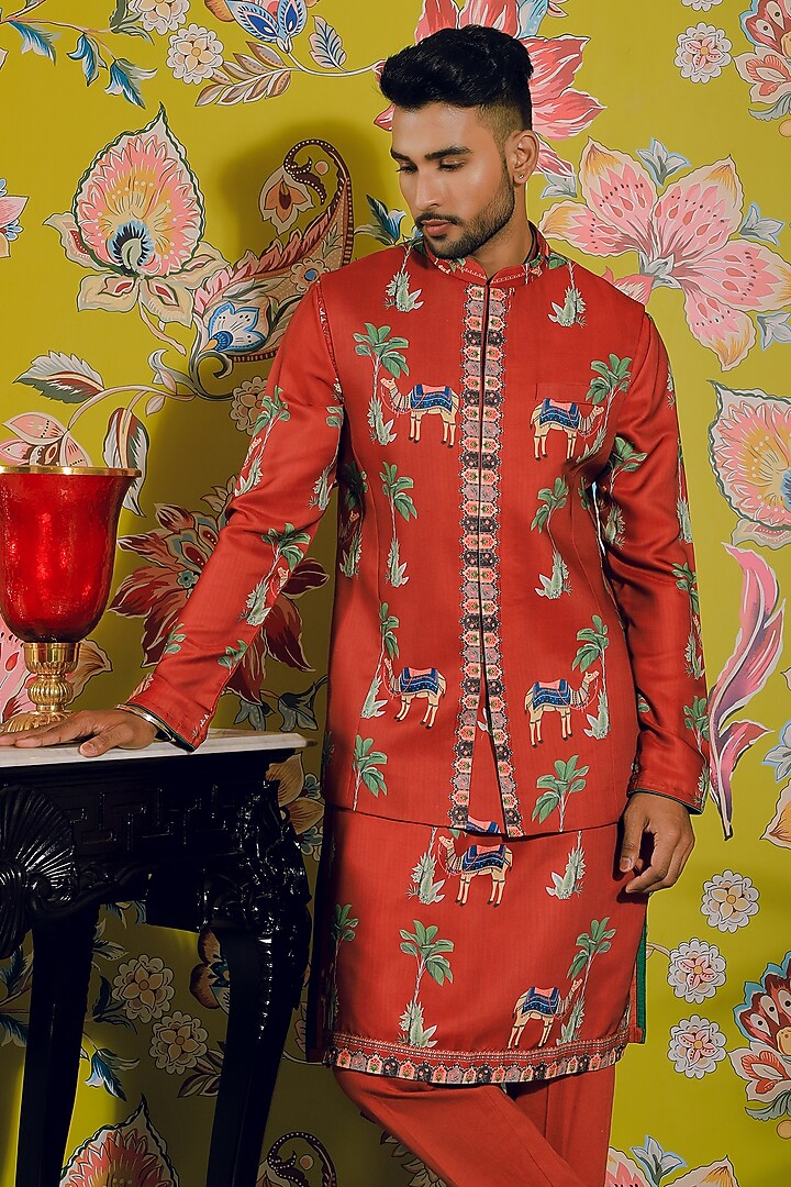 Rustic Red Silk & Stretch Cotton Nehru Jacket Set by YAJY By Aditya Jain at Pernia's Pop Up Shop