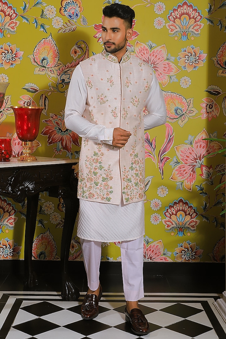 Pastel Pink Silk & Stretch Cotton Nehru Jacket Set by YAJY By Aditya Jain