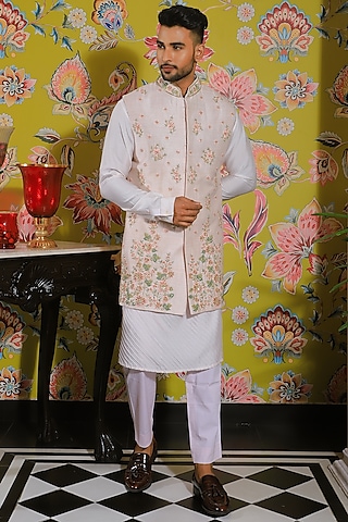 Pastel Pink Silk & Stretch Cotton Nehru Jacket Set by YAJY By Aditya Jain