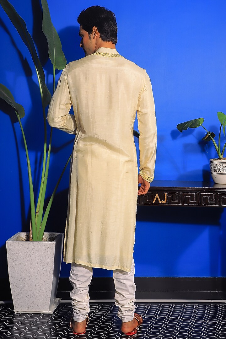 Light Yellow Silk & Stretch Cotton Embroidered Kurta Set by YAJY By Aditya Jain at Pernia's Pop Up Shop