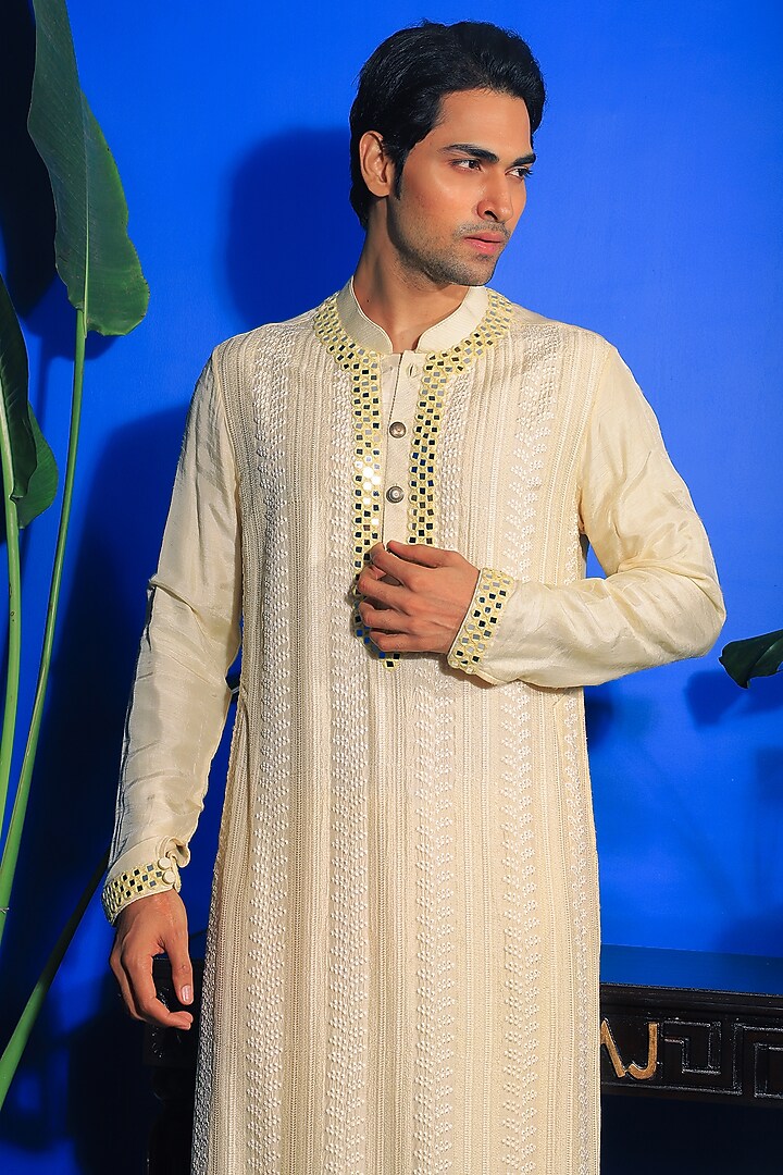 Light Yellow Silk & Stretch Cotton Embroidered Kurta Set by YAJY By Aditya Jain at Pernia's Pop Up Shop