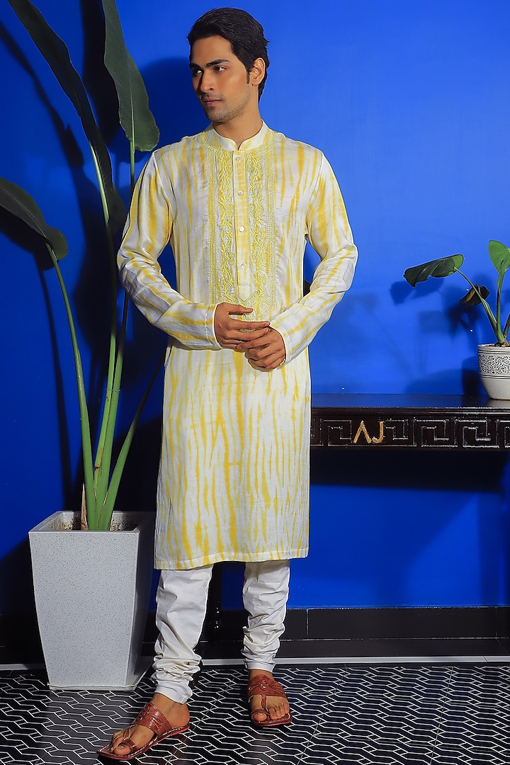 Yellow Silk & Stretch Cotton Embroidered & Tie-Dyed Kurta Set by YAJY By Aditya Jain
