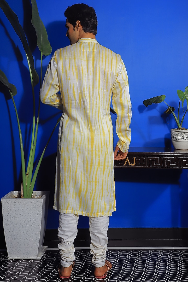 Yellow Silk & Stretch Cotton Embroidered & Tie-Dyed Kurta Set by YAJY By Aditya Jain at Pernia's Pop Up Shop