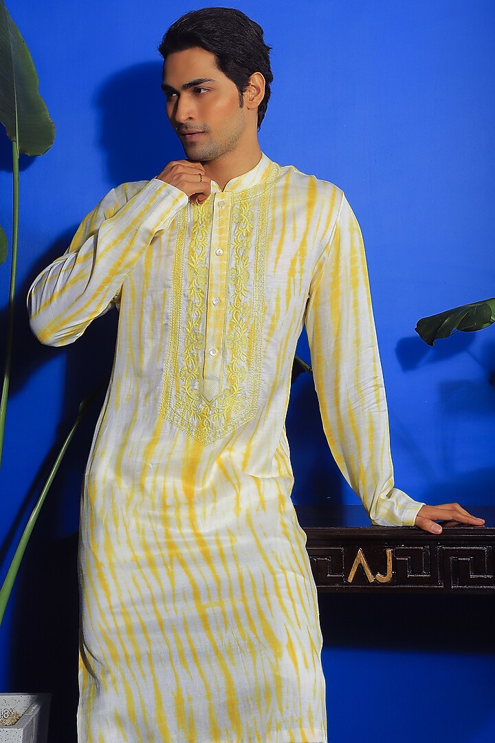 Yellow Silk & Stretch Cotton Embroidered & Tie-Dyed Kurta Set by YAJY By Aditya Jain at Pernia's Pop Up Shop