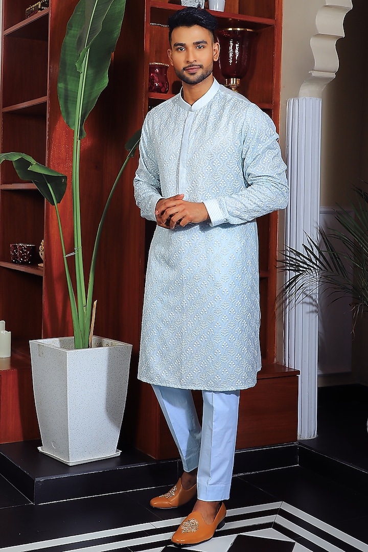 Powder Blue Silk & Stretch Cotton Embroidered Kurta Set by YAJY By Aditya Jain