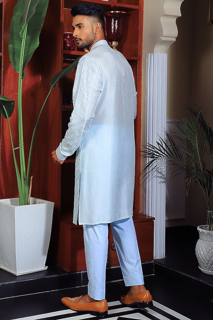 Powder Blue Silk & Stretch Cotton Embroidered Kurta Set by YAJY By Aditya Jain at Pernia's Pop Up Shop