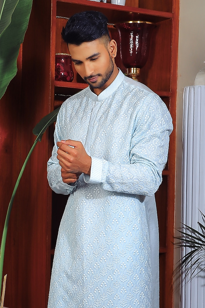 Powder Blue Silk & Stretch Cotton Embroidered Kurta Set by YAJY By Aditya Jain at Pernia's Pop Up Shop