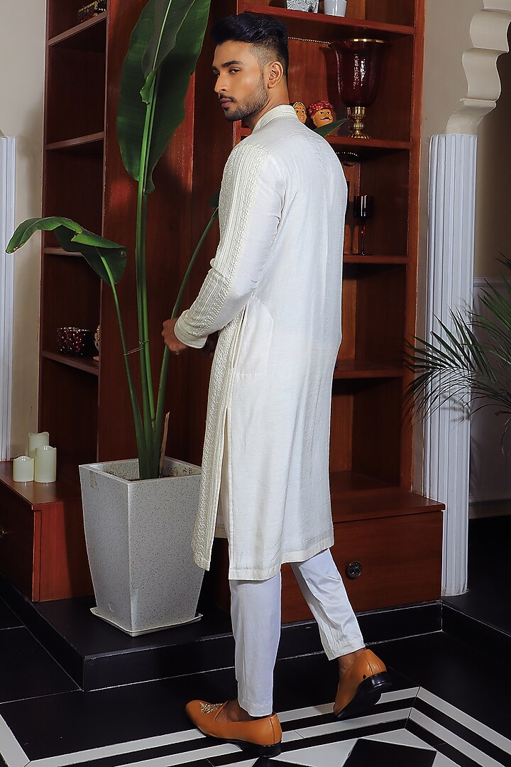 Light Yellow Silk & Stretch Cotton Embroidered Kurta Set by YAJY By Aditya Jain at Pernia's Pop Up Shop