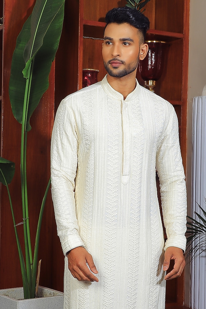 Light Yellow Silk & Stretch Cotton Embroidered Kurta Set by YAJY By Aditya Jain at Pernia's Pop Up Shop