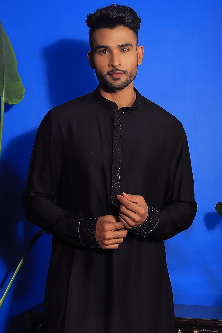 Black Silk & Stretch Cotton Kurta Set by YAJY By Aditya Jain at Pernia's Pop Up Shop