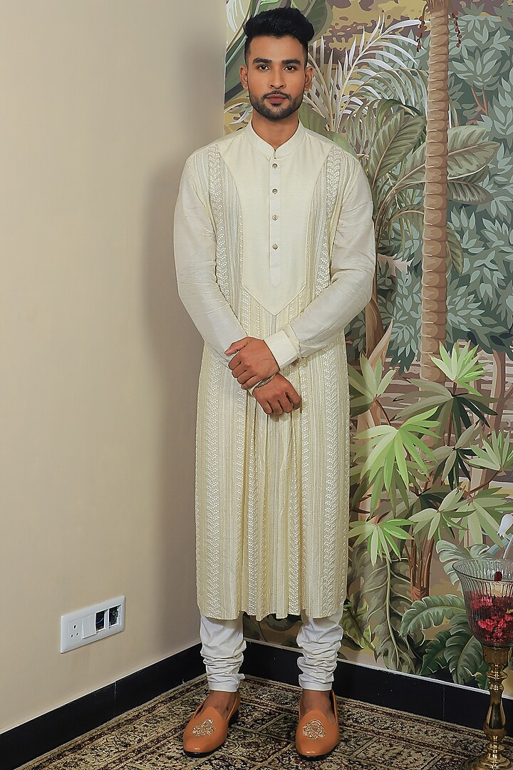 Beige Silk & Stretch Cotton Embroidered Anarkali Set by YAJY By Aditya Jain at Pernia's Pop Up Shop